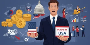 2025 Federal Funding for Made in USA Small Businesses: Your Guide Illustration of a small business owner with a Made in USA product, symbolizing federal funding access.