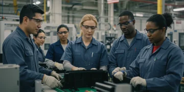 Diverse American manufacturing team on a modern assembly line, collaborating on a Made in USA product.