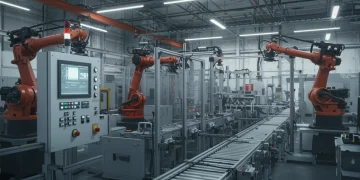 Advanced robotics and AI in a modern Made in USA factory, enhancing production