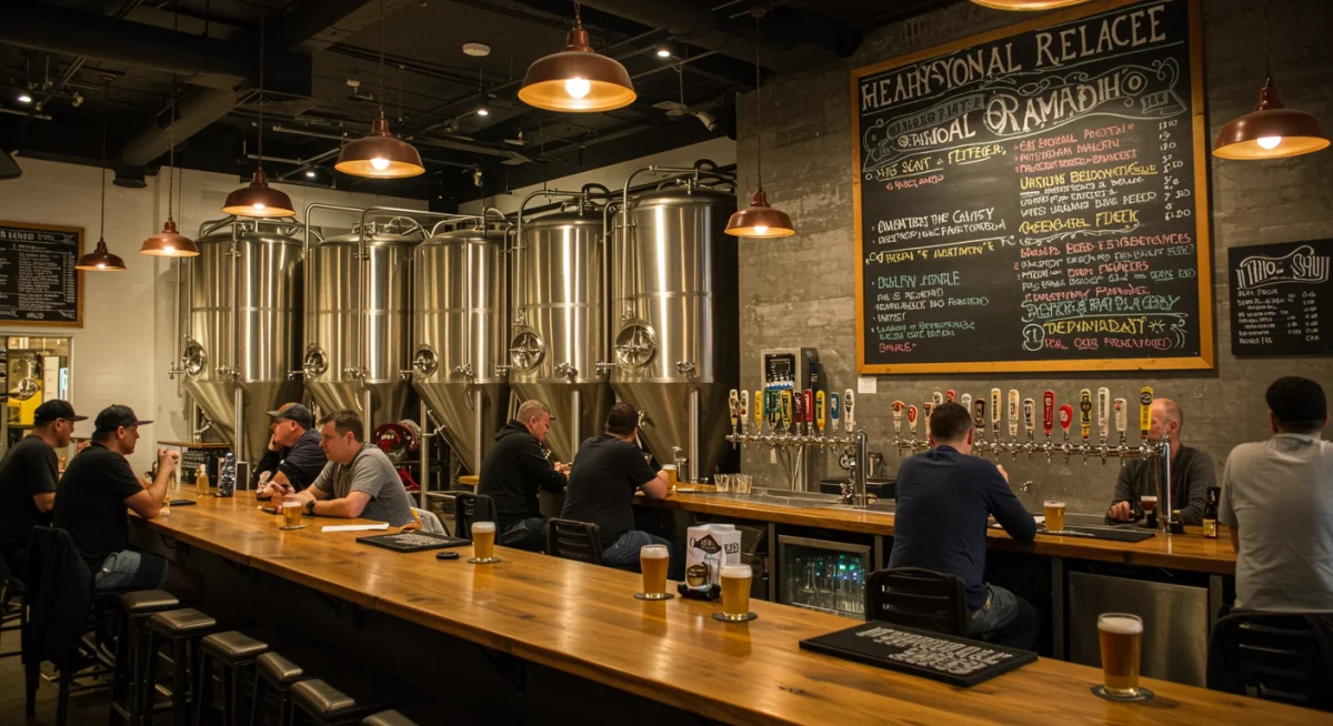 Inside a lively microbrewery with fermentation tanks, a busy bar, and a chalkboard listing seasonal beer releases.