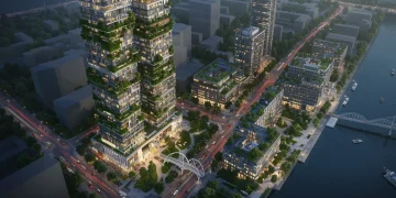 Modern cityscape with green infrastructure and advanced transportation