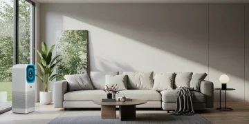 Modern living room with smart air purifier and biophilic decor