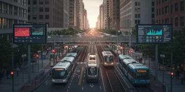 Modern public transit hub in a U.S. city with trains, buses, and digital screens