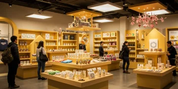 Modern retail store with unique product displays and engaged customers