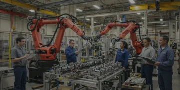 Modern US factory floor with robotics and skilled workers, symbolizing optimized production efficiency.