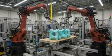 Modern US factory with robots and humans collaborating on unique product assembly.