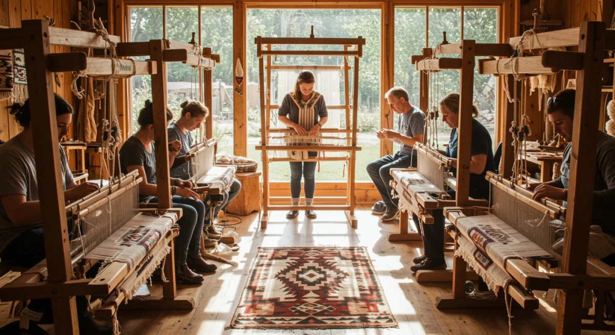 Navajo artisans weaving traditional rugs in a workshop