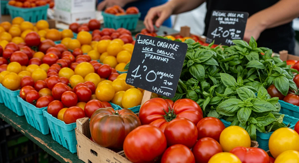 Organic heirloom tomatoes and fresh herbs displayed at a local farmers market stall, emphasizing freshness and local sourcing.