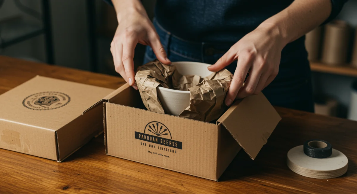 Artisan meticulously packaging a handcrafted product, focusing on brand presentation and quality for US customers.