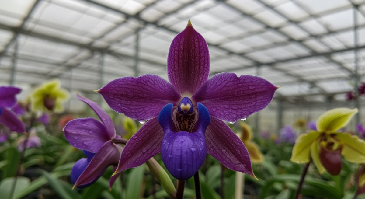 Rare vibrant orchid blooming in a greenhouse nursery.
