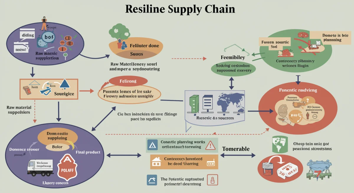 Infographic depicting a resilient domestic supply chain with interconnected stages and contingency planning.