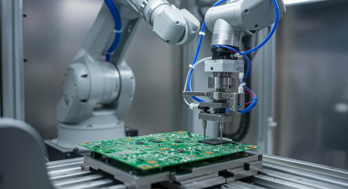 Robotic arm performing precision assembly in a manufacturing setting