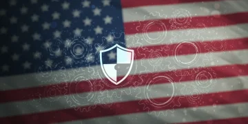 Secure Made in USA supply chain network with gears and American flag