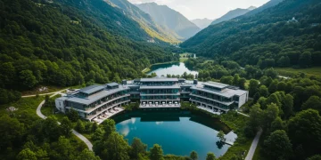 Aerial view of a serene luxury wellness retreat in mountains