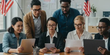 Federal Contracts 2025: Small Made in USA Business Guide Small business owners reviewing federal contracts on laptops, Made in USA products visible