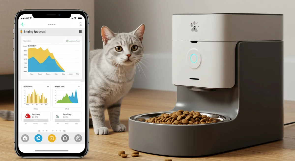 Smart pet feeder with smartphone integration for automated and personalized pet nutrition.