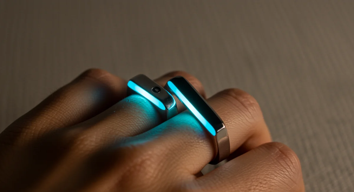 Minimalist smart rings with subtle LED glow on a hand