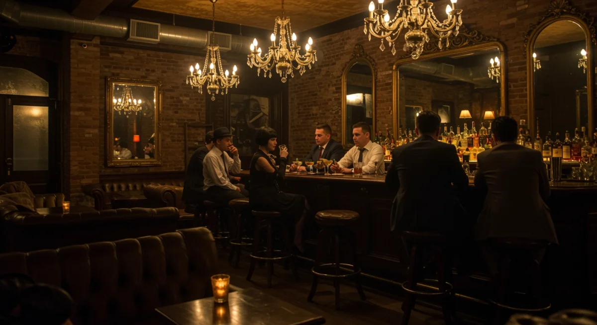 Stylish speakeasy bar with patrons enjoying craft cocktails in a vintage setting.