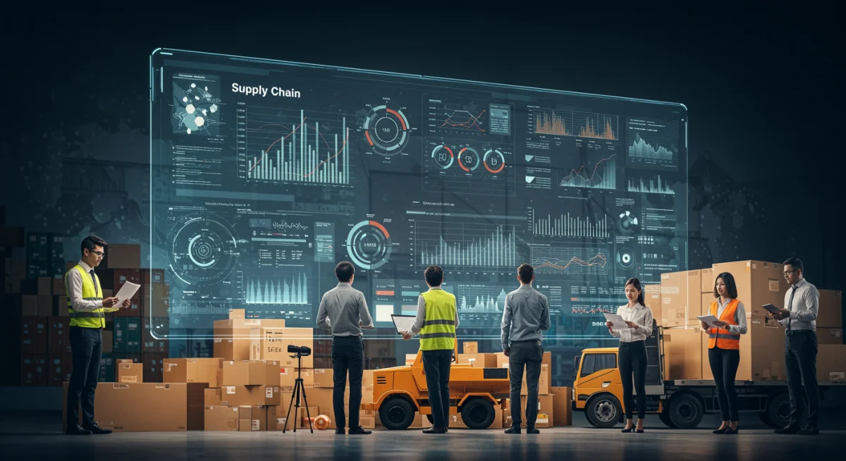 Supply chain team analyzing real-time data on a digital dashboard