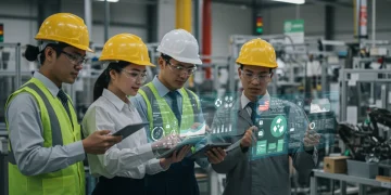 2025 Environmental Compliance for USA Manufacturers: Sustainable Growth Manufacturing team reviewing environmental compliance data on tablets in a modern US factory