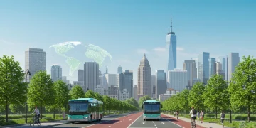 Sustainable urban landscape with green infrastructure and public transport in 2025