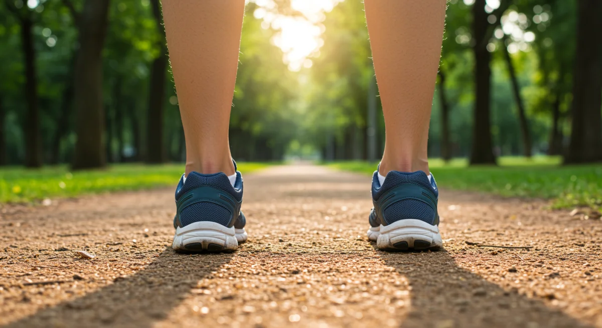 Feet in athletic shoes on a scenic city park trail.