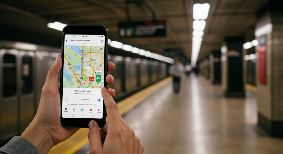 Person using a public transit app for real-time route optimization in a subway station