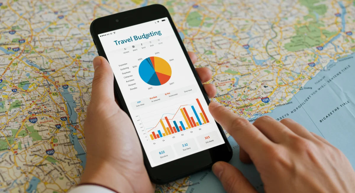 Smartphone showing travel budgeting app on a city map, symbolizing smart financial planning for urban trips.