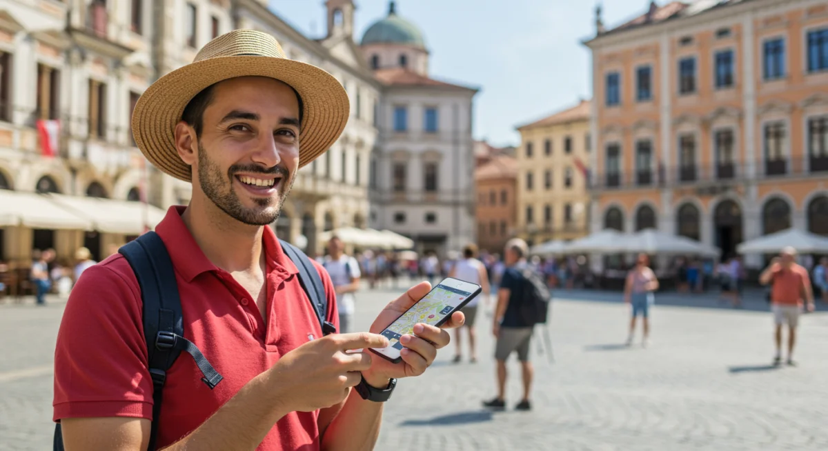 Traveler navigating a bustling city square with a smartphone map, representing urban exploration.