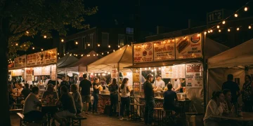 Vibrant street food stalls at dusk in an underrated American city, showcasing diverse local dishes and a lively culinary atmosphere.