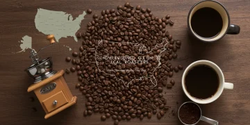 Assortment of coffee beans, grinder, and fresh coffee cup with U.S. map background