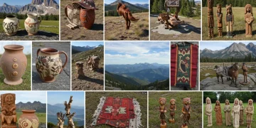 Diverse handcrafted products by American artisans, including pottery, jewelry, and textiles, displayed artistically.