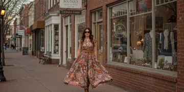Woman in unique outfit outside charming U.S. fashion boutique