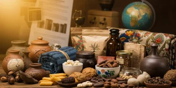 Assortment of unique imported products with legal documents in background