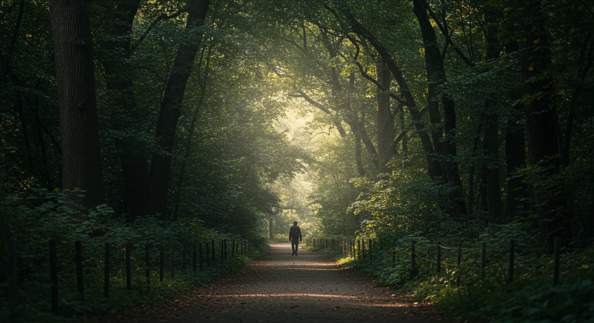 Serene pathway in urban forest, sunlight filtering through trees, peaceful walk
