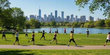 Diverse group exercising in a U.S. city park with skyline backdrop.