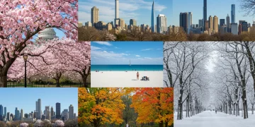 Vibrant collage of U.S. cityscapes across seasons, from spring blossoms to winter snows.