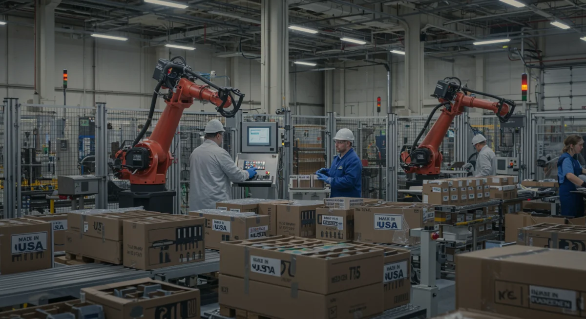 American factory floor with robots and workers preparing Made in USA goods for export