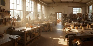 Artisans working diligently in a vibrant workshop, crafting unique pieces with traditional tools and modern techniques, showcasing American craftsmanship.