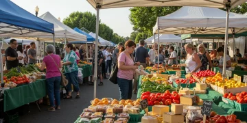 Colorful array of fresh fruits, vegetables, and artisan products at a bustling outdoor farmers market, with shoppers interacting with vendors.