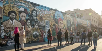 Vibrant street art mural depicting local history and culture in a U.S. city.