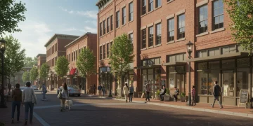 Dynamic street view of a revitalized US neighborhood showcasing diverse local businesses and community life.