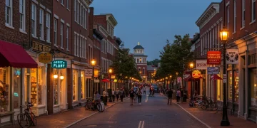Vibrant urban street at dusk with local businesses, capturing the essence of authentic local experiences.