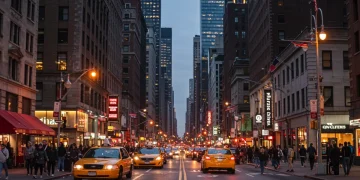 Smart Travel 2025: Maximize Your U.S. Urban Budget 20% Off Vibrant U.S. city street scene at dusk with taxis and pedestrians, symbolizing urban exploration and smart travel.