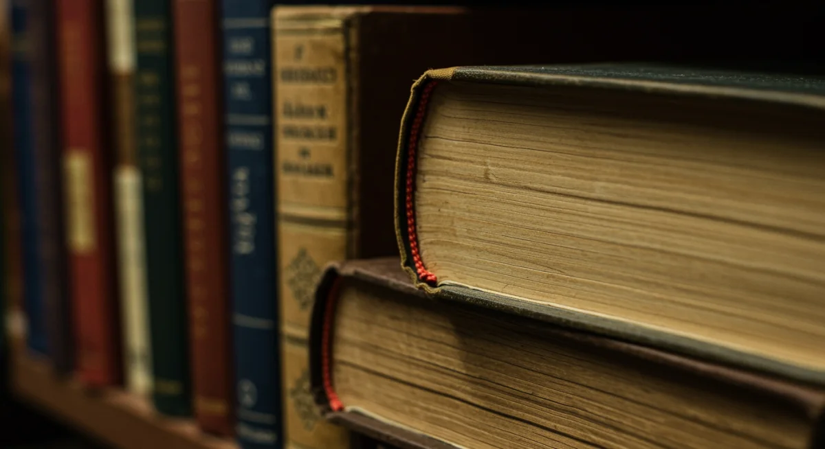 Vintage book cover with intricate details on a stack of old books.