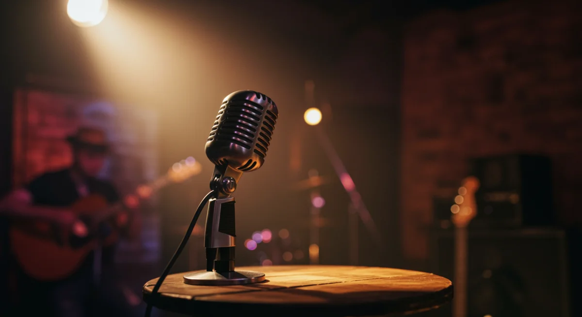 Vintage microphone on stage at a small independent music club