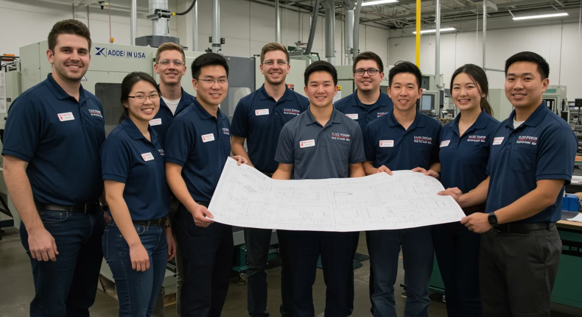 Young professionals in advanced manufacturing vocational training, learning new skills.