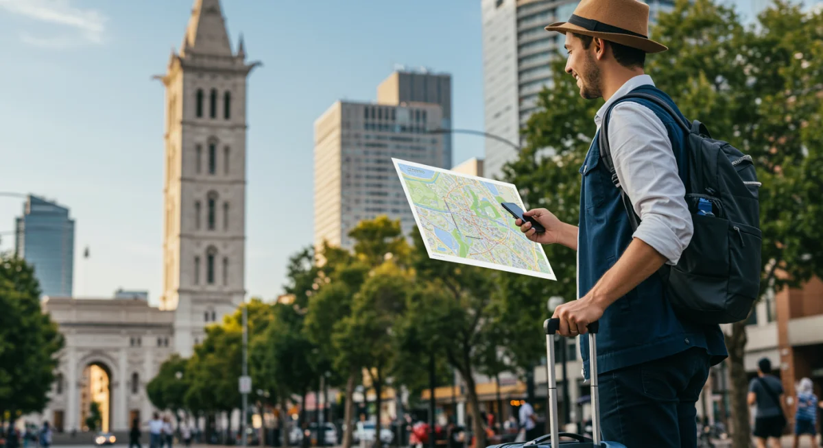 Traveler efficiently navigating a U.S. city, using a smartphone for directions near a landmark during a layover.