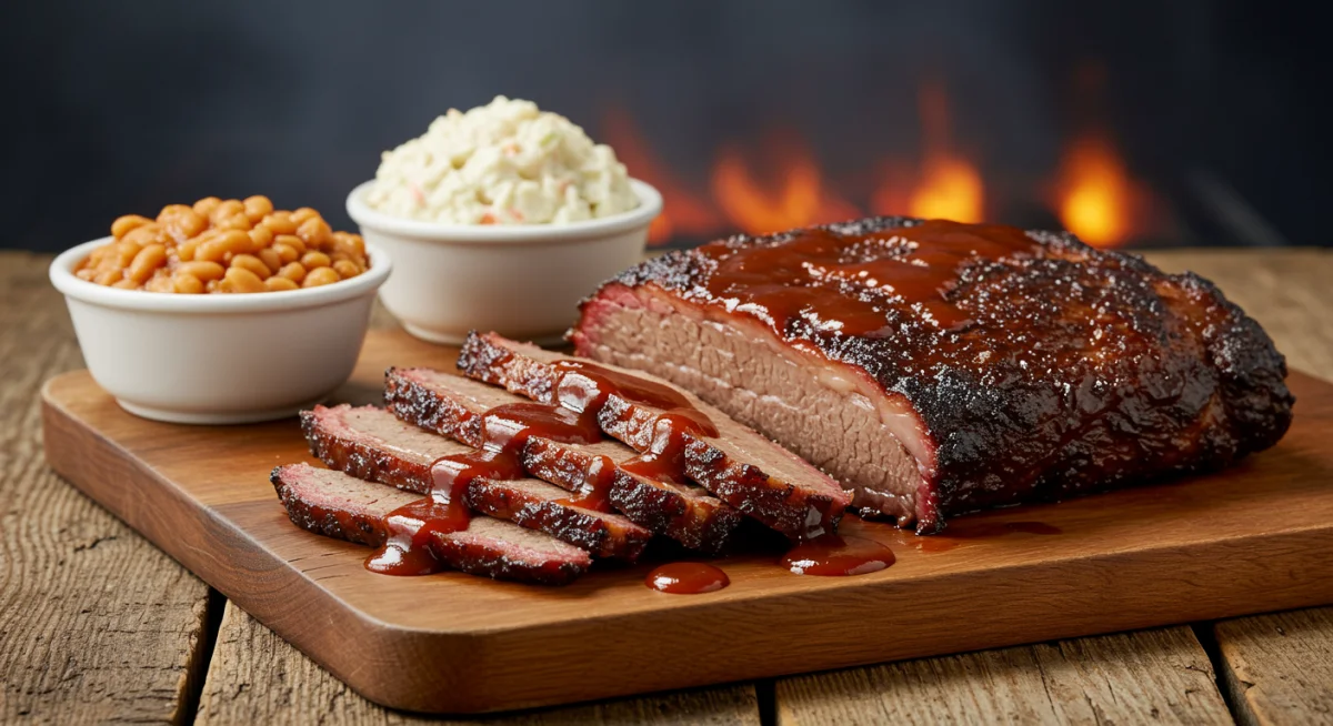 Close-up of juicy, smoked BBQ brisket with classic Southern side dishes