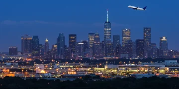 Dynamic U.S. city skyline at dusk with an airplane, representing efficient 48-hour layover travel and exploration.
